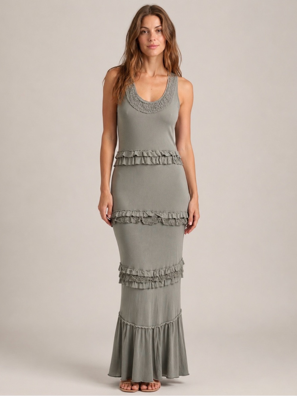 Banana Republic 2011 Silk Tiered Ruffle Maxi Dress Sage Green S/M